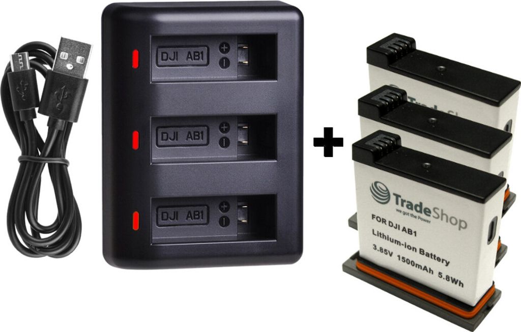 3x Trade-Shop Akku 1350mAh + 3-fach-Ladegerät für DJI Osmo Action Kamera AB1, P01, PT1 / Ladestation ersetzt DJI 188480 CS-DJS100MC