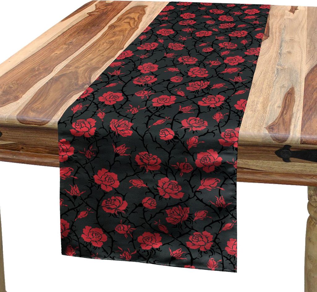 ABAKUHAUS Rot und Schwarz Tischläufer, Romantische Vintage Rosen-Illustration altmodische viktorianische Kunst, 40 x 225 cm, Koksgraue Schwarz Rot