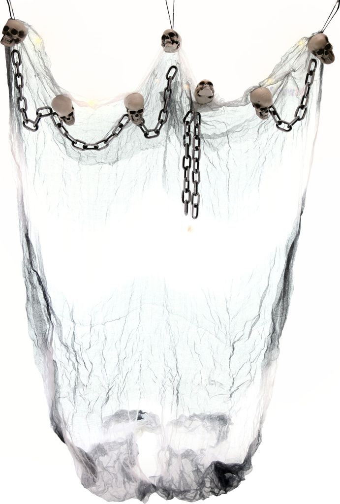 Halloween Dekoration - Gardine mit Lichterkette (Gliderkette & Totenköpfe, 180x120cm)