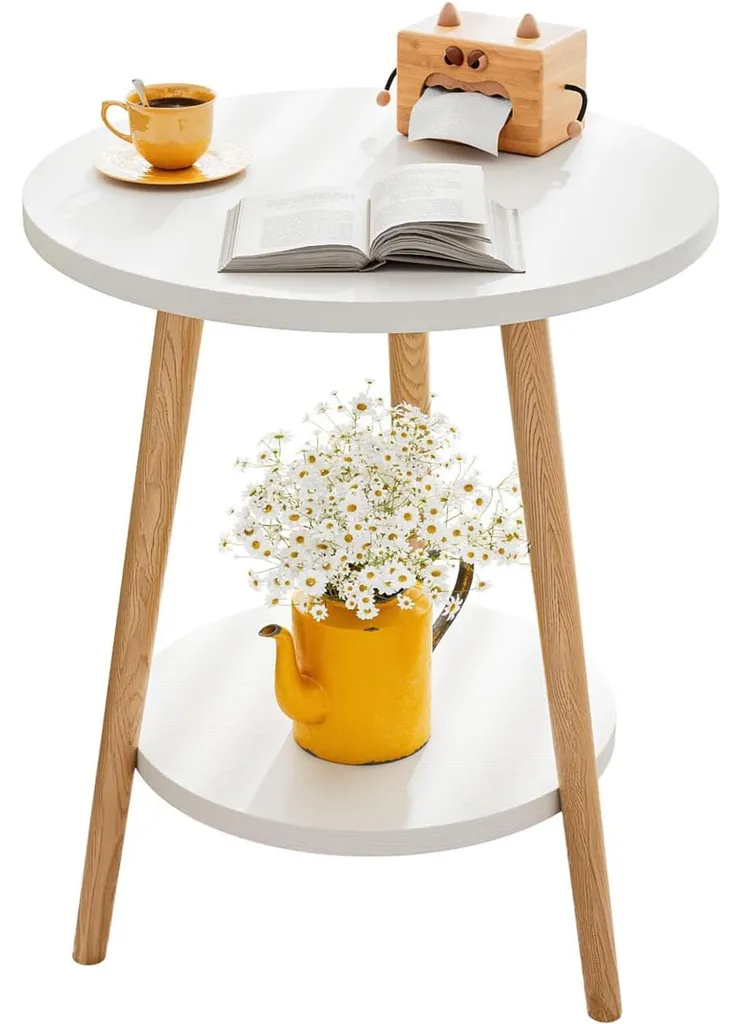 Petite table basse ronde blanche avec rangement, bout de canapé moderne