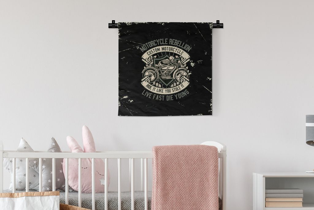 MuchoWow Wandteppich Wandbehang Motorrad - Skelett - Retro 60x60 cm Tapisserie Dekoration Wandtuch - Dekorationen - Wand Decke