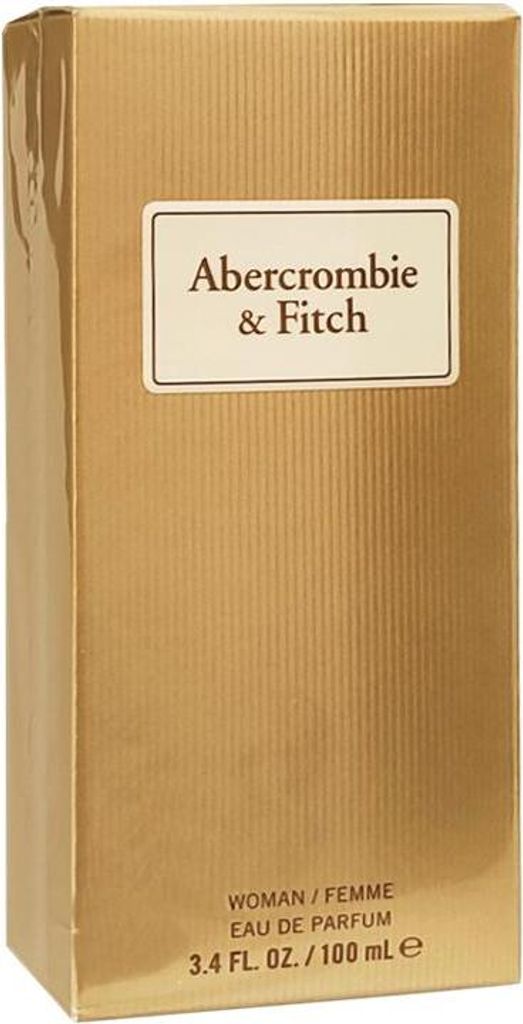 A gold-colored box for Abercrombie & Fitch First Instinct Sheer Eau de Parfum for women.