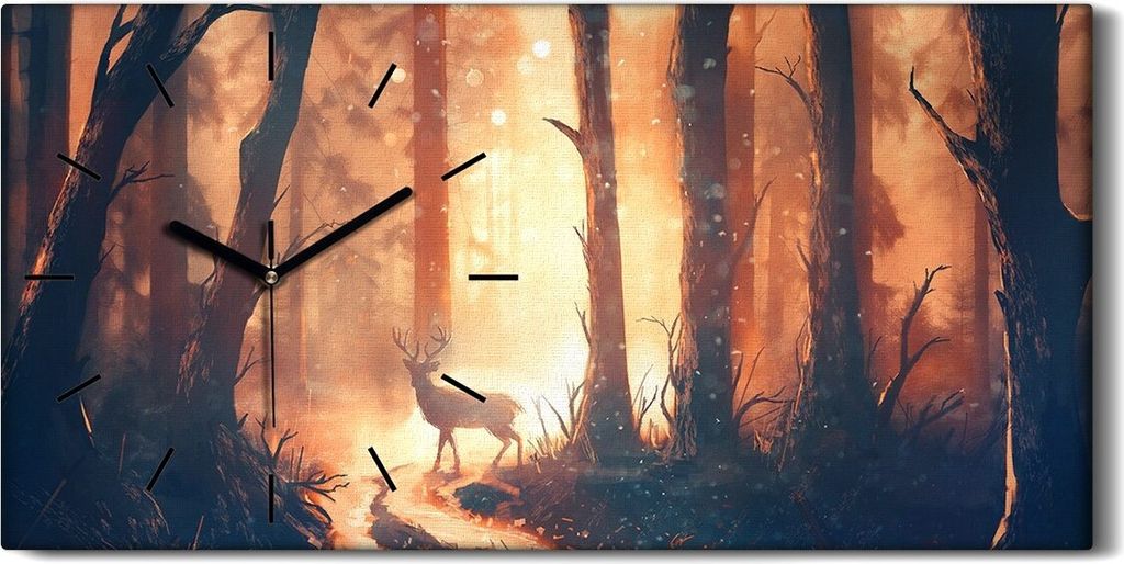 Dekor Leinwand Uhr Wandbilder Geräuschlos Kunstdruck 60x30 Hirsch im warmen Wald - schwarze Hände