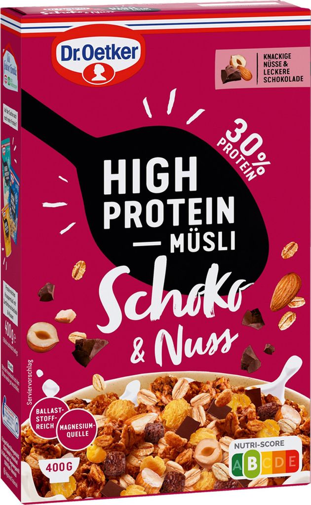 A product box for Dr. Oetker High Protein Muesli, Schoko & Nuss flavor.