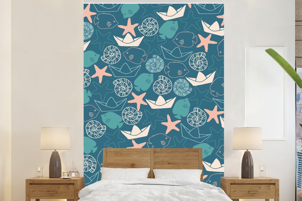 MuchoWow Fototapete für Wohnzimmer oder Schlafzimmer Wandtapete Vinyl Motivtapete Strand - Muster - Pastell - 160x240 cm - Vinyltapete