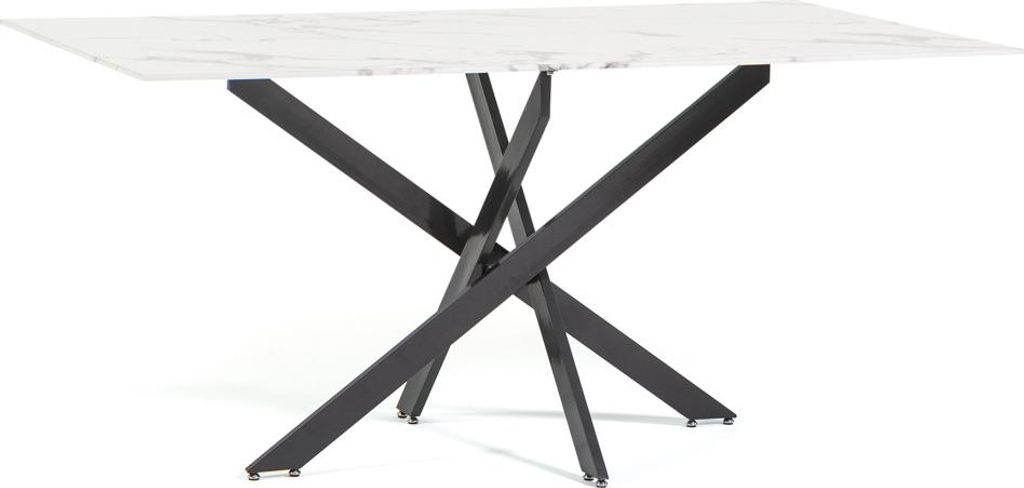 Rechteckiger Tisch mit gehärteter Glasplatte in Marmoroptik und gekreuztem Metallgestell – modernes, elegantes und stabiles Design für Küche, ...