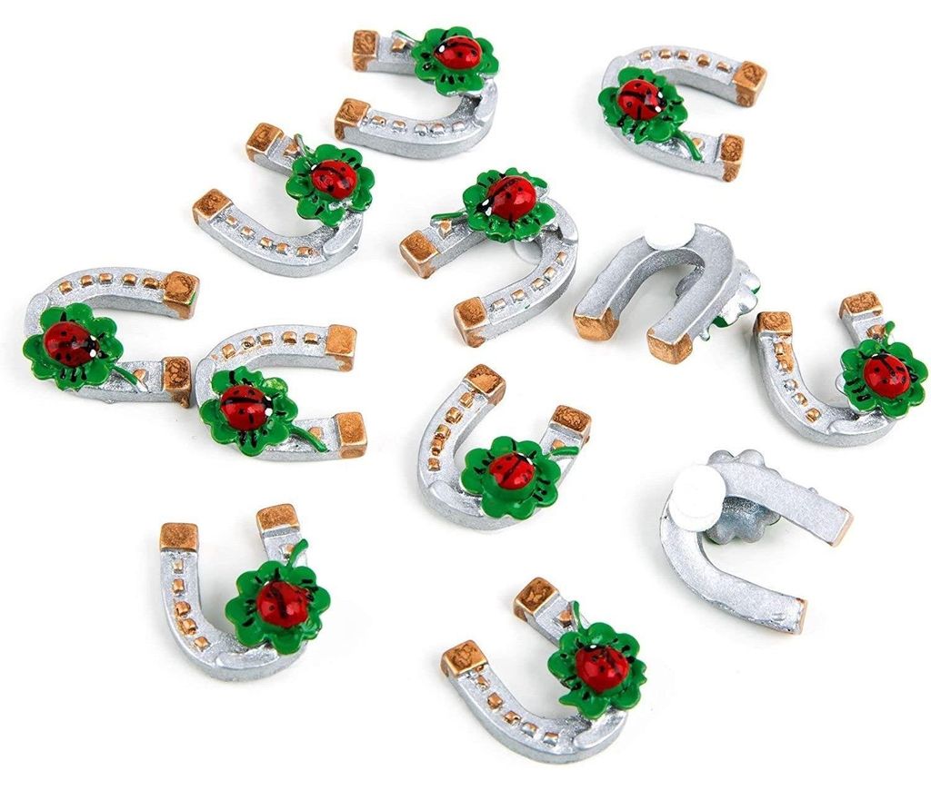 12 Mini Hufeisen Silber Gold mit Kleeblatt + Marienkäfer - Produktbild 