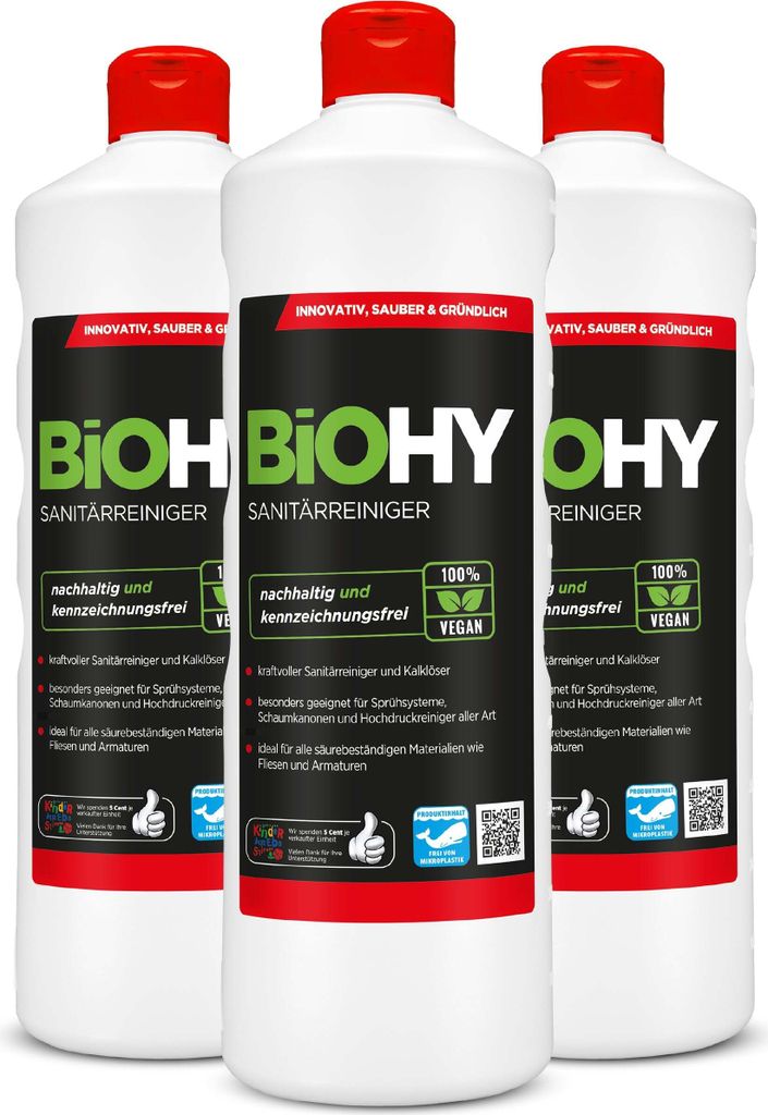 BiOHY Sanitärreiniger, Badreiniger, Kalklöser, Badezimmer Reiniger – 3er Pack (3 x 1 Liter Flasche)