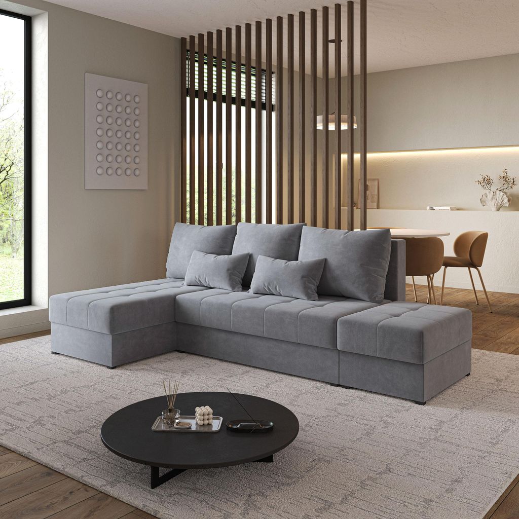 Masseno Ecksofa NORVI mit Schlaffunktion L-Form, Sofa mit Bettkasten, Wohnzimmersofa, Couch, Soffa, Bettsofa, Couchgarnitur- Grau, KRONOS 15