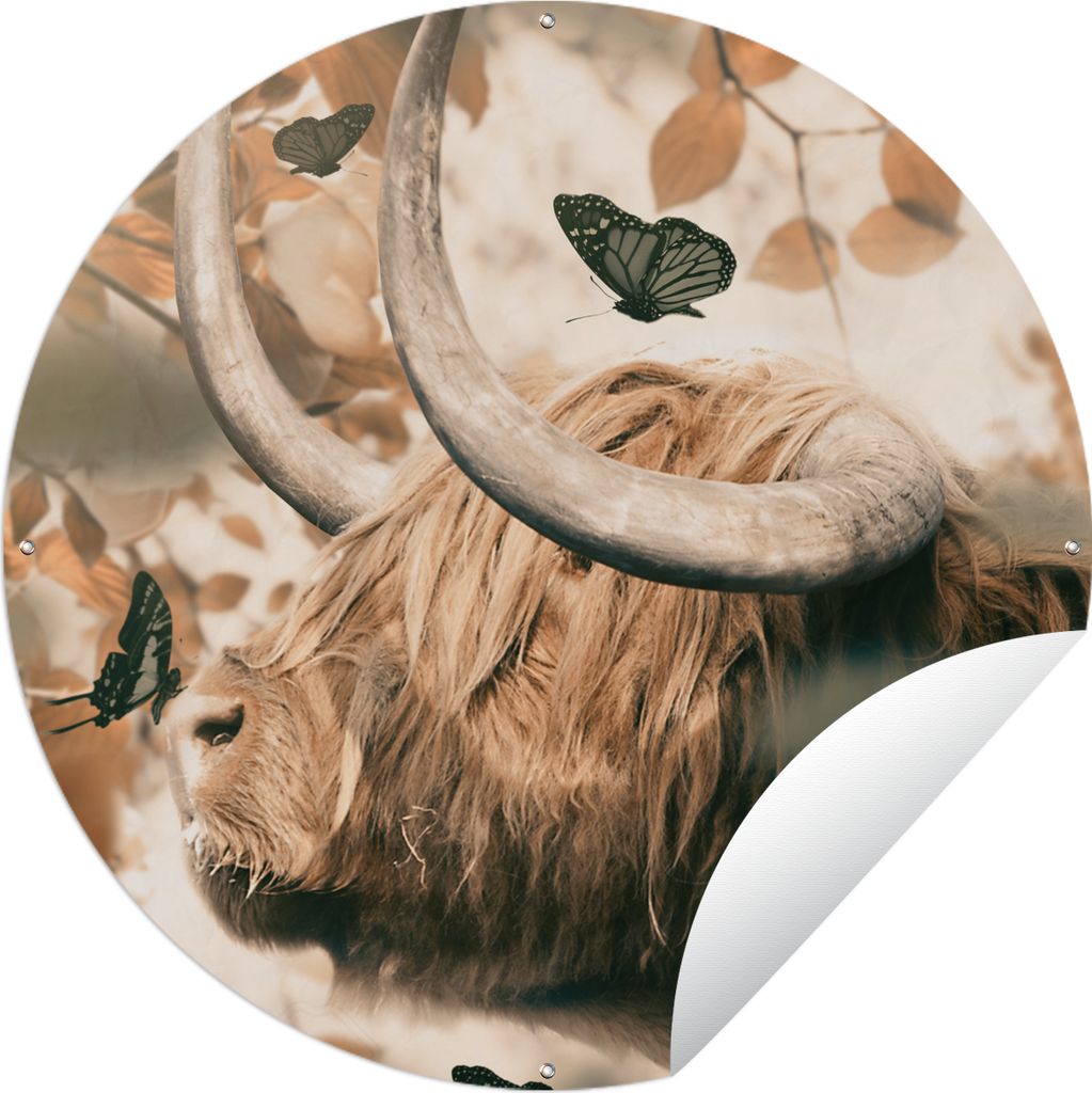 MuchoWow Gartenposter Outdoor-Poster Rund Schottischer Hochländer - Schmetterling - Blätter Ø 120 cm Gartendeko Rundes Poster draußen