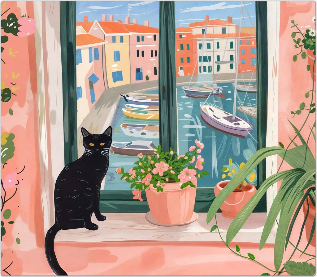 Spritzschutz Herdabdeckplatte Schneidebrett aus Glas Katze am Fenster 1-Teilig (60x52cm)