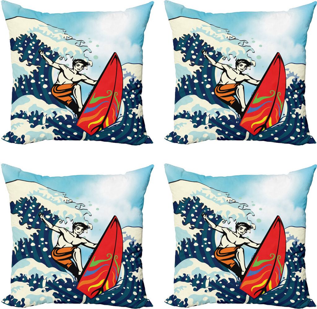 ABAKUHAUS Surfen Kissenbezug Set (4 Stück), Sommer-Karikatur-Surfen Boy, Moderner Doppelseitiger Digitaldruck, 60 cm x 60 cm, Mehrfarbig