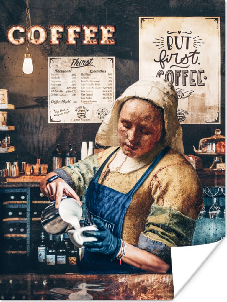 MuchoWow Poster Cappuccino - Vermeer - Milchmädchen - Barista - Kaffee - Vintage 60x80 cm - Schlafzimmer Dekoration