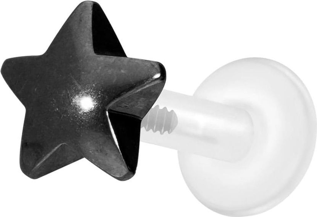 Ohrpiercing, Nasenpiercing PTFE Labret mit Innengewinde + Titan-Aufsatz STERN Schwarz Stablänge: 7mm | Stabstärke: 1,6mm