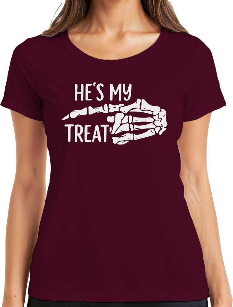 Halloween Skeletthand Paar Spruch He's my treat Lustig Partner Damen T-Shirt, Burgundy, XXL