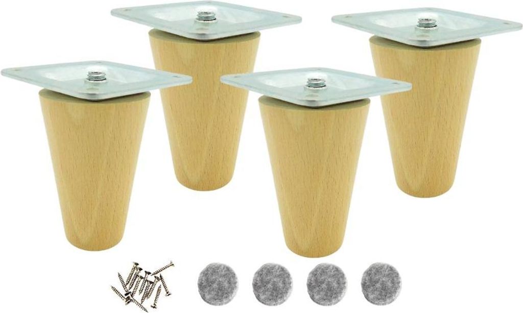 Four wooden furniture legs with metal mounting plates and screws and felt pads are arranged on a white background.