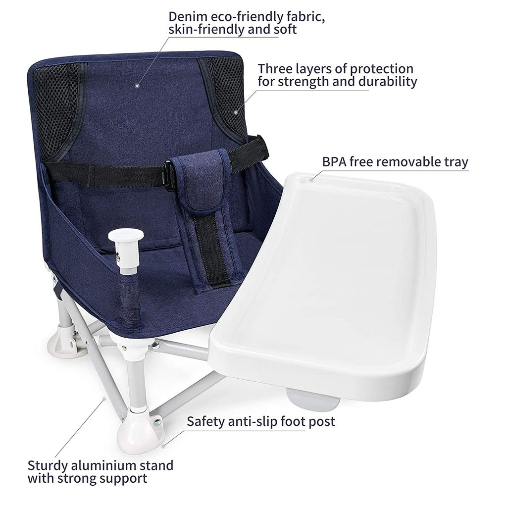Weiß-Blau Kinder Hochstuhl Kindersitz mit abnehmnbarem Tablett Fußstütze Sicherheitsgurt Zusammenklappbar leicht platzsparend Rickids 