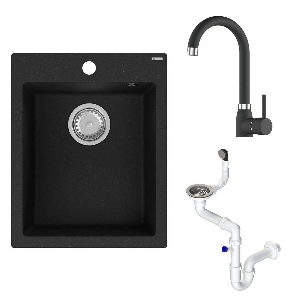 GranMaster Ivo Granitspüle 1 Becken mit Armatur und Siphon - Spülbecken Arbeitsplatte Küche Waschbecken mit Granit Schwarz Wasserhahn, Spüle ohne