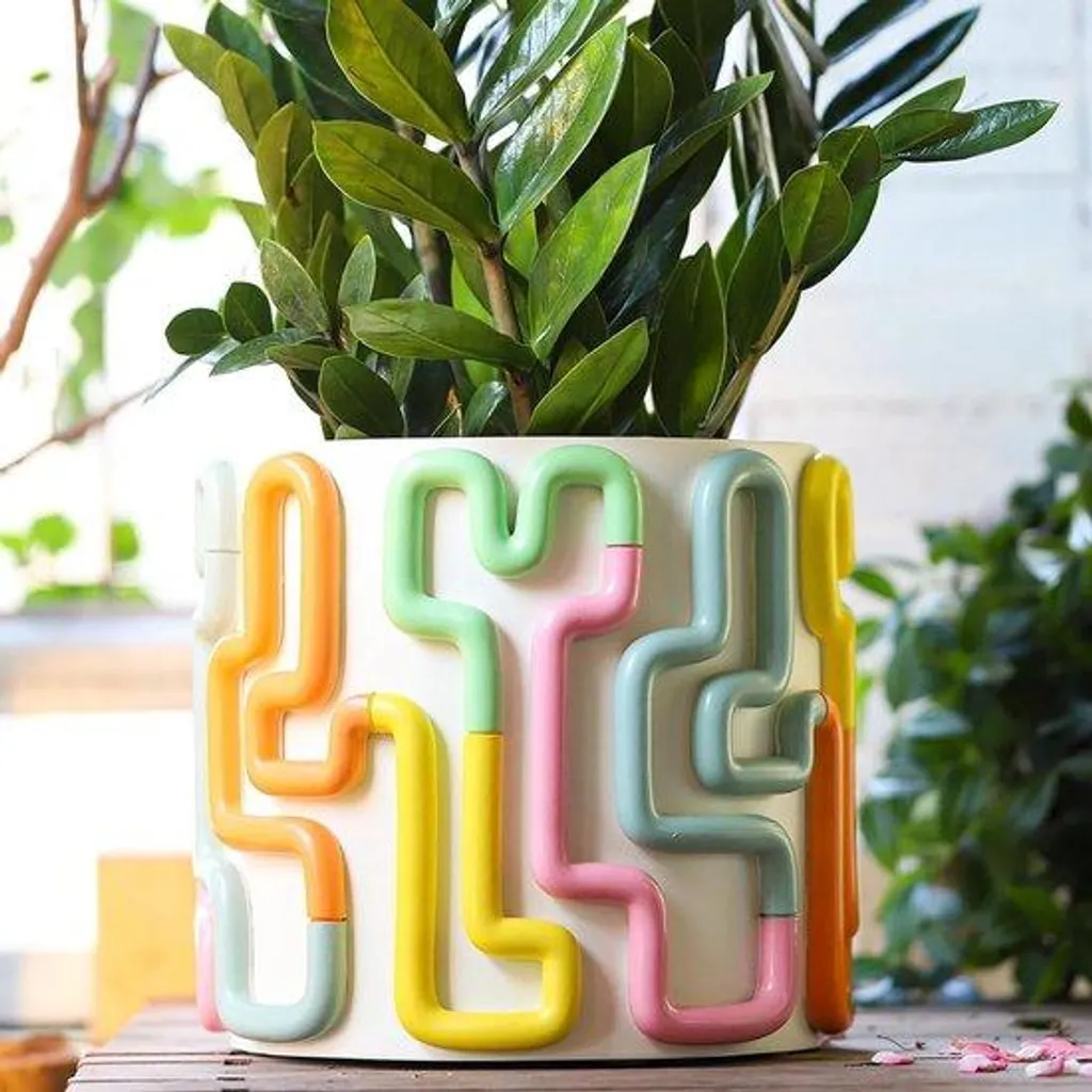 Pot 20 cm Céramique avec Drainage - Cercles colorés - Style Vintage