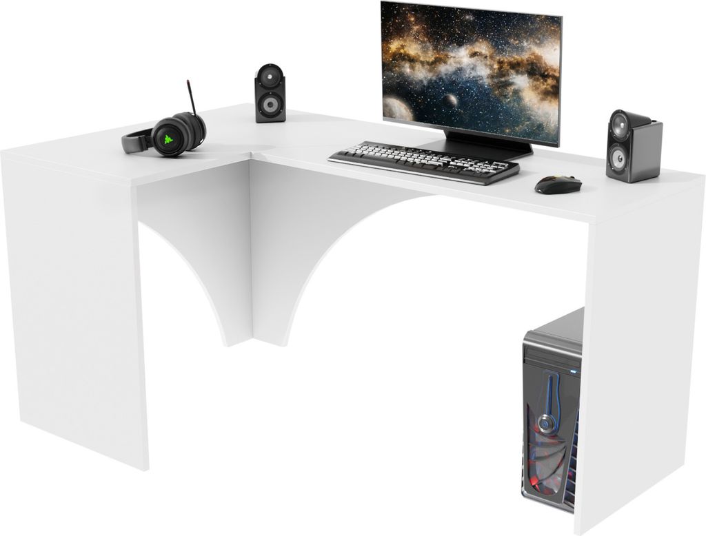 SKXMobel Eckschreibtisch Gaming Computer, Computertisch Gaming-Schreibtisch PC-Tisch, Mordern Gaming-Schreibtisch in Weiß 150x74x90 cm L-Form