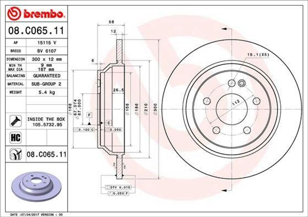 BREMBO 08.C065.11 Bremsscheibe OE 4474230012 kompatibel mit Vito, V-Klasse
