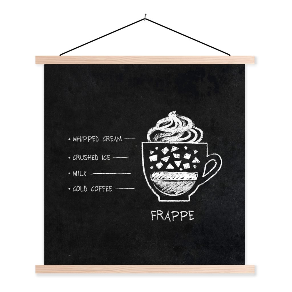 MuchoWow Textilposter Text - Kaffee - Frappe - Zitate - Vintage 60x60 cm mit holzfarbenen Rahmen - Wanddekoration