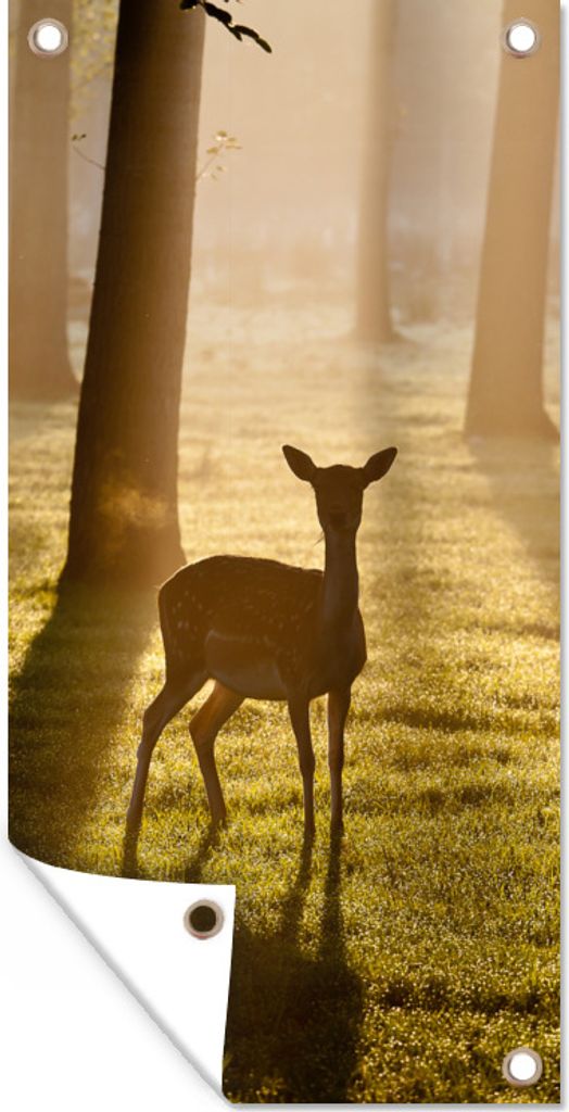 MuchoWow 40x80 cm Outdoor-Poster Gartendeko Sichtschutz Garten Poster für den Garten Hirsche - Wald - Sonne