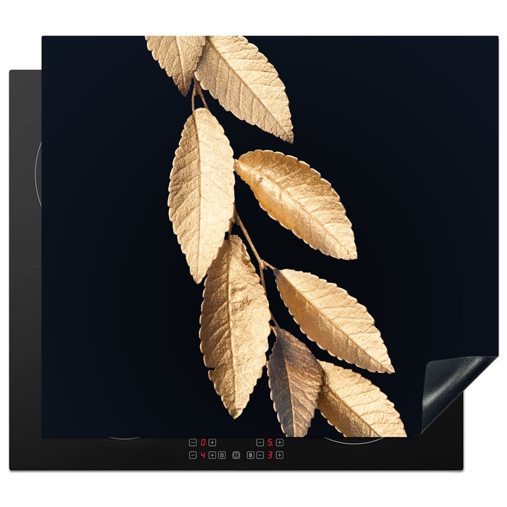 KitchenYeah Herdabdeckplatte Blätter - Schwarz - Gold - Luxus - Pflanzen , 59x51cm, Küche Deko, Glaskeramikkochfeld Herdabdeckung, Abdeckplatte...