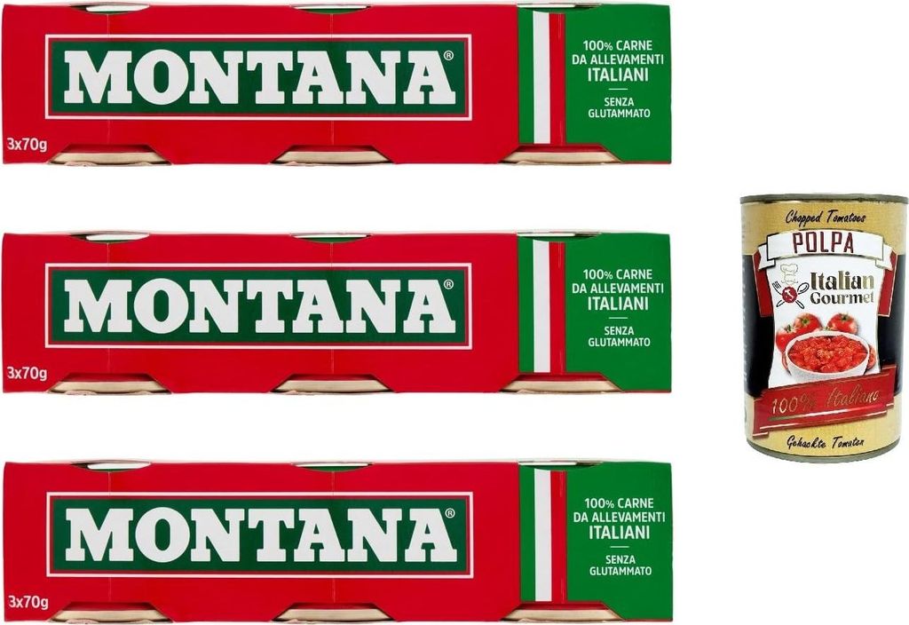 3x Montana carne classica Rindfleisch in Aspik dose 3x70g 100% Italienisch Fleisch + Italian Gourmet polpa 400g