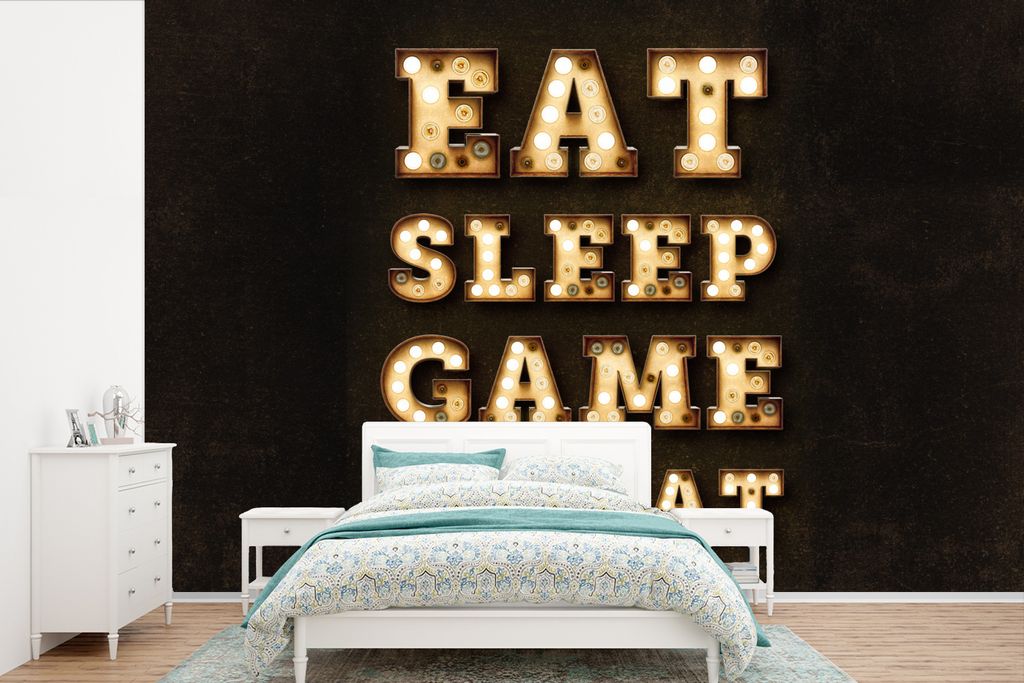 MuchoWow Fototapete für Wohnzimmer oder Schlafzimmer Wandtapete Vinyl Motivtapete Spiele - Spiele - Zitate - Sprichwörter - Eat sleep game repe...