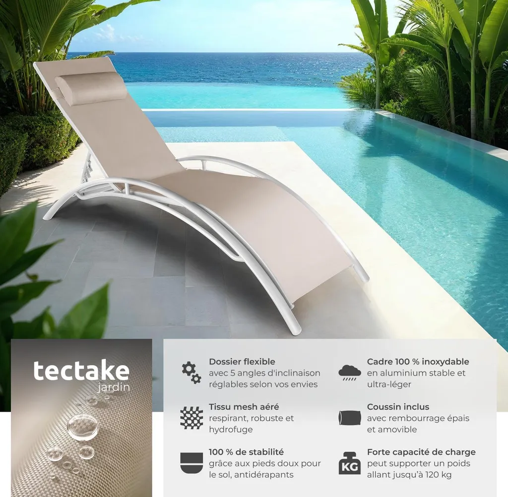 Transat aluminium beige avec dossier 5 positions, set de 2 pour piscine