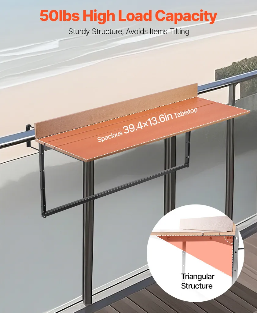 Table suspendue de balcon pliante réglable pour garde-corps extérieur - 3
