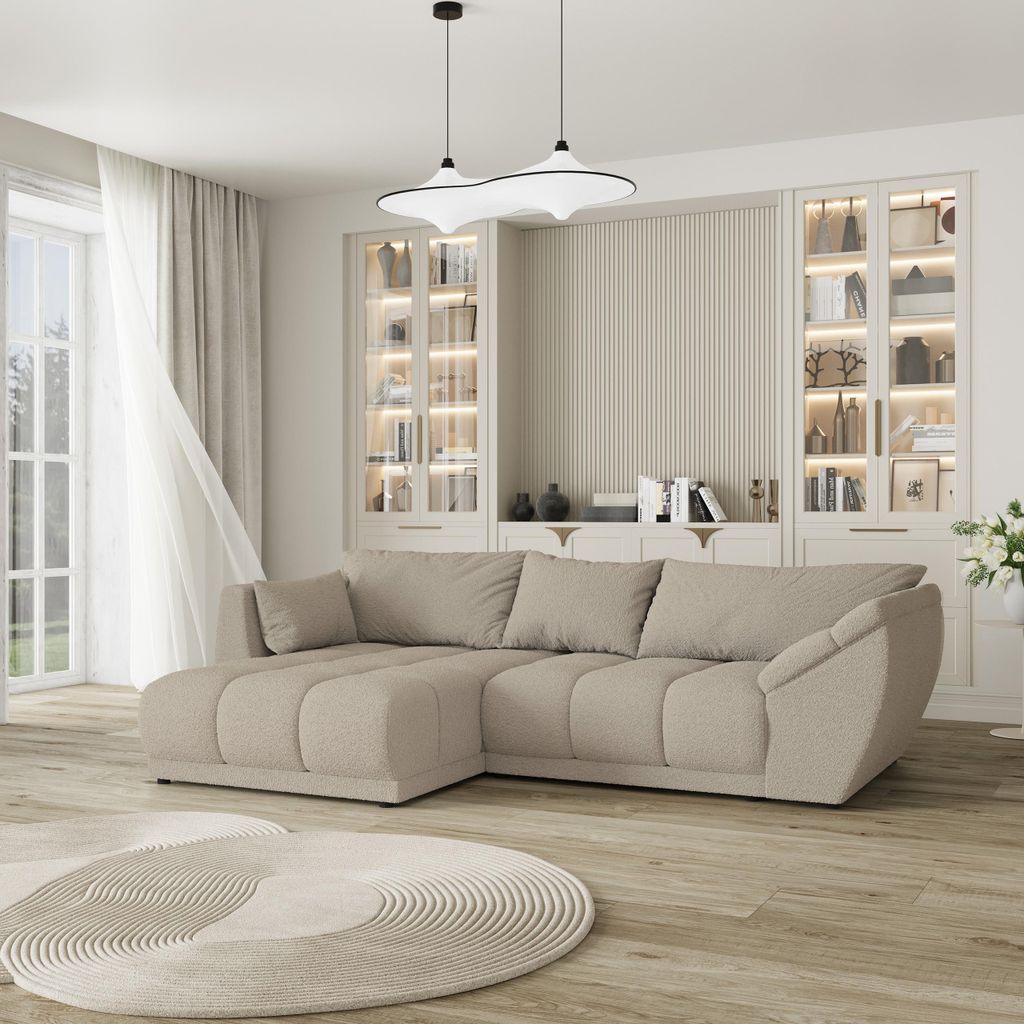 Masseno Ecksofa ORENTI L-S mit Schlaffunktion L-Form, Sofa mit Bettkasten, Wohnzimmersofa, Couch, Soffa, Bettsofa, Couchgarnitur- Beige, QUELLE 05