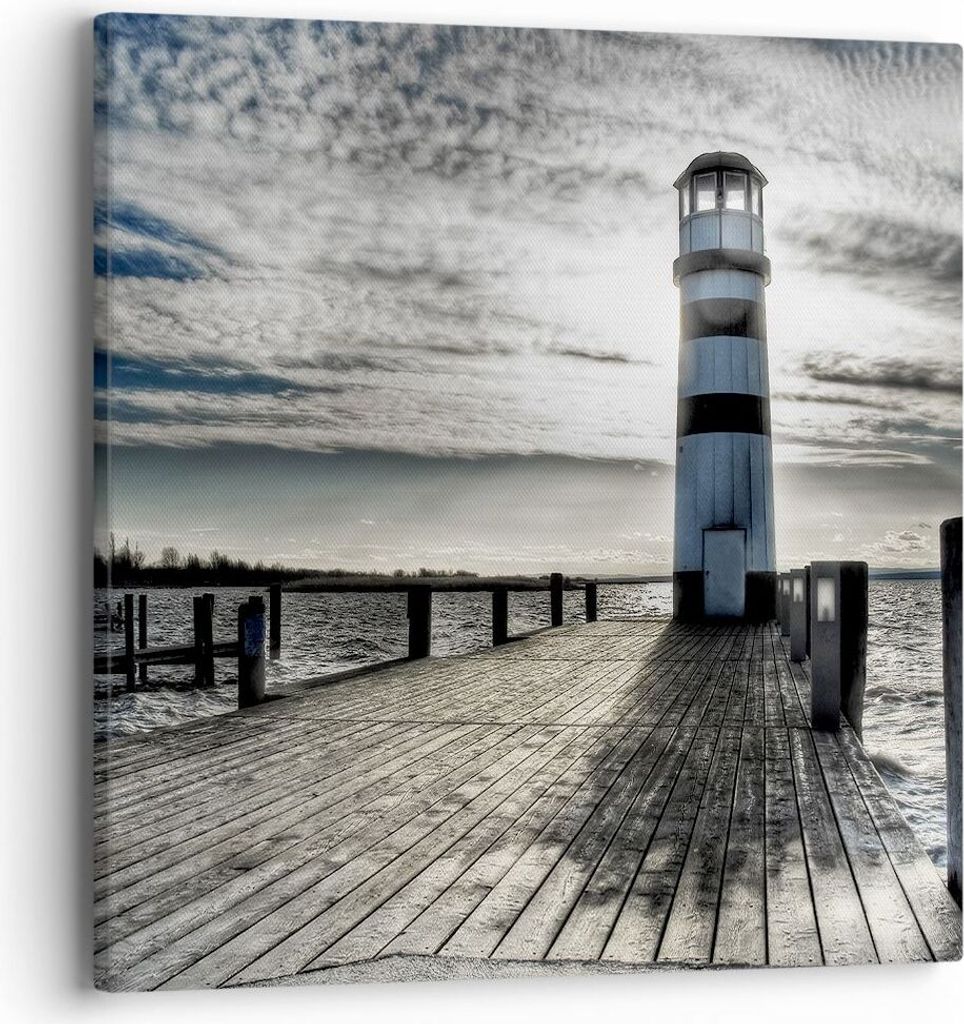 Bild auf Leinwand - Leinwandbild - See Leuchtturm Holzbrücke Wasser - 40x40cm - Wand Bild - Wanddeko - Leinwanddruck - Bilder - Kunstdruck - Wandd...