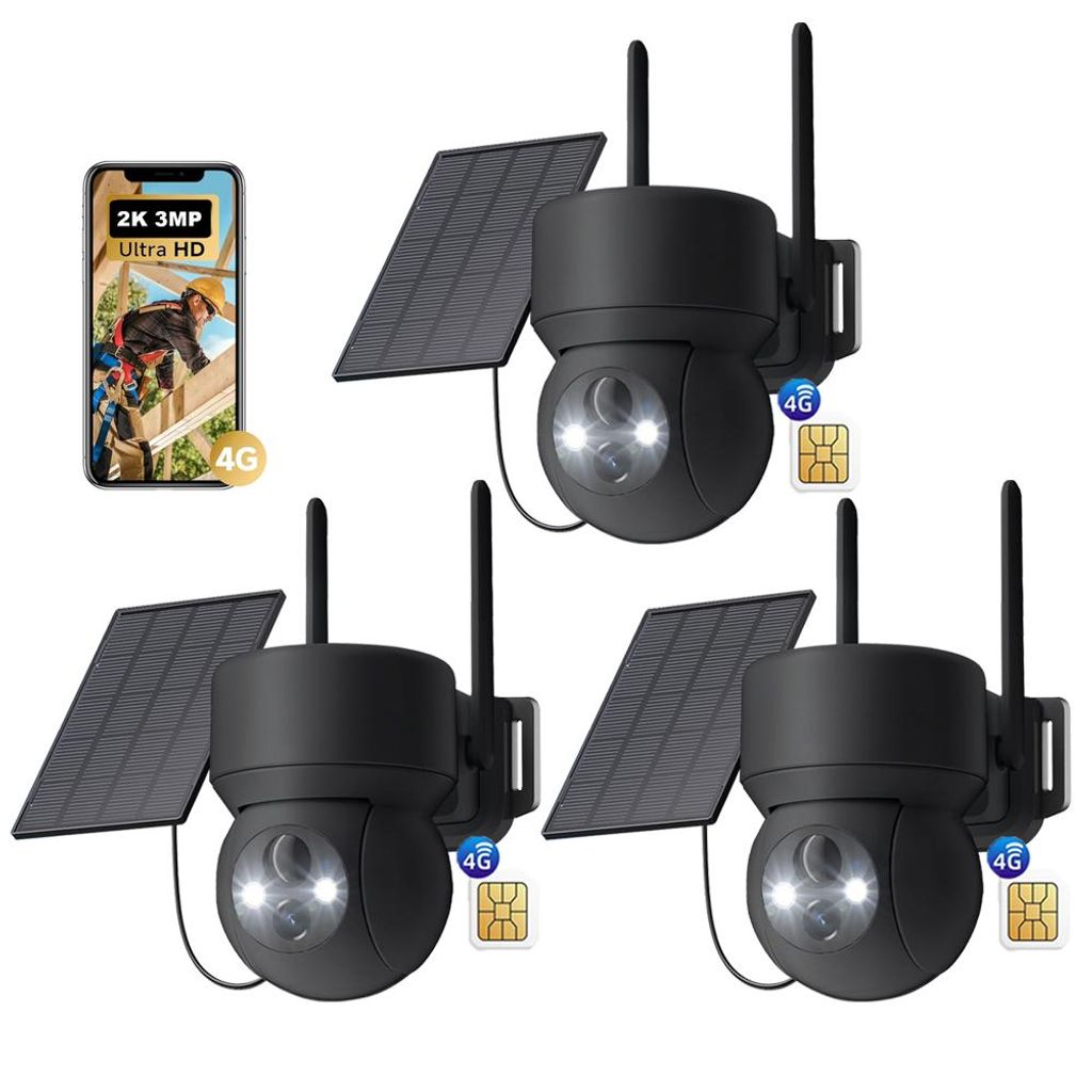 3 Stück 4G LTE Überwachungskamera Aussen Solar Akku mit SIM Karte Kabellos IP Kamera Outdoor Ohne WLAN 360° PTZ mit PIR Erkennung Farb-Nachtsicht