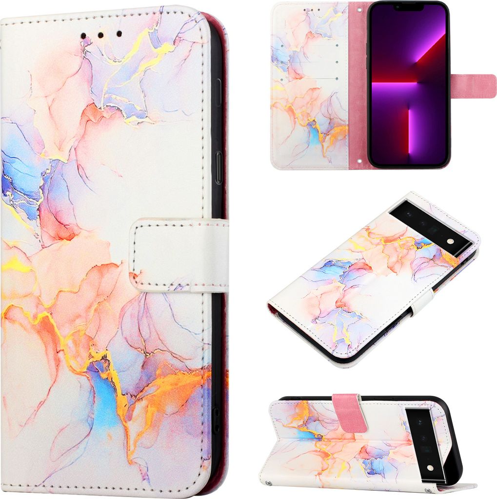 Google Pixel 6 Pro Hülle, Marmor Motiv Kunstleder Tasche Wallet Kartenfächer mit Standfunktion Klapp Schutzhülle für Google Pixel 6 Pro Bunt