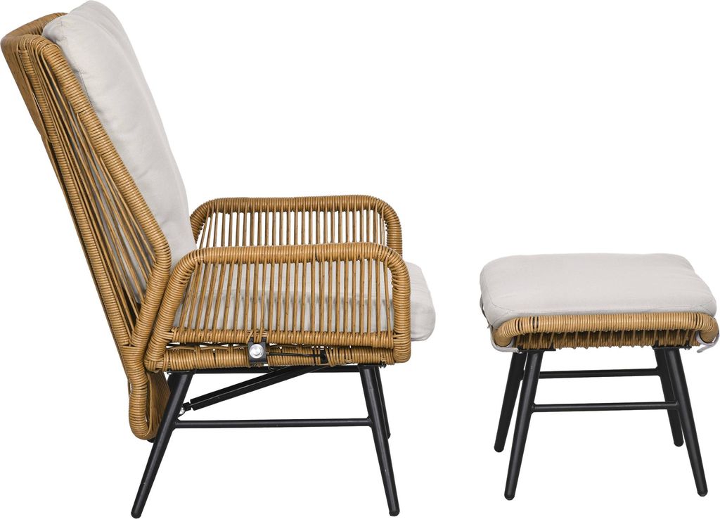Polyrattan Gartenstuhl und Hocker, verstellbare Lehne, Hellbraun/Grau/Schwarz
