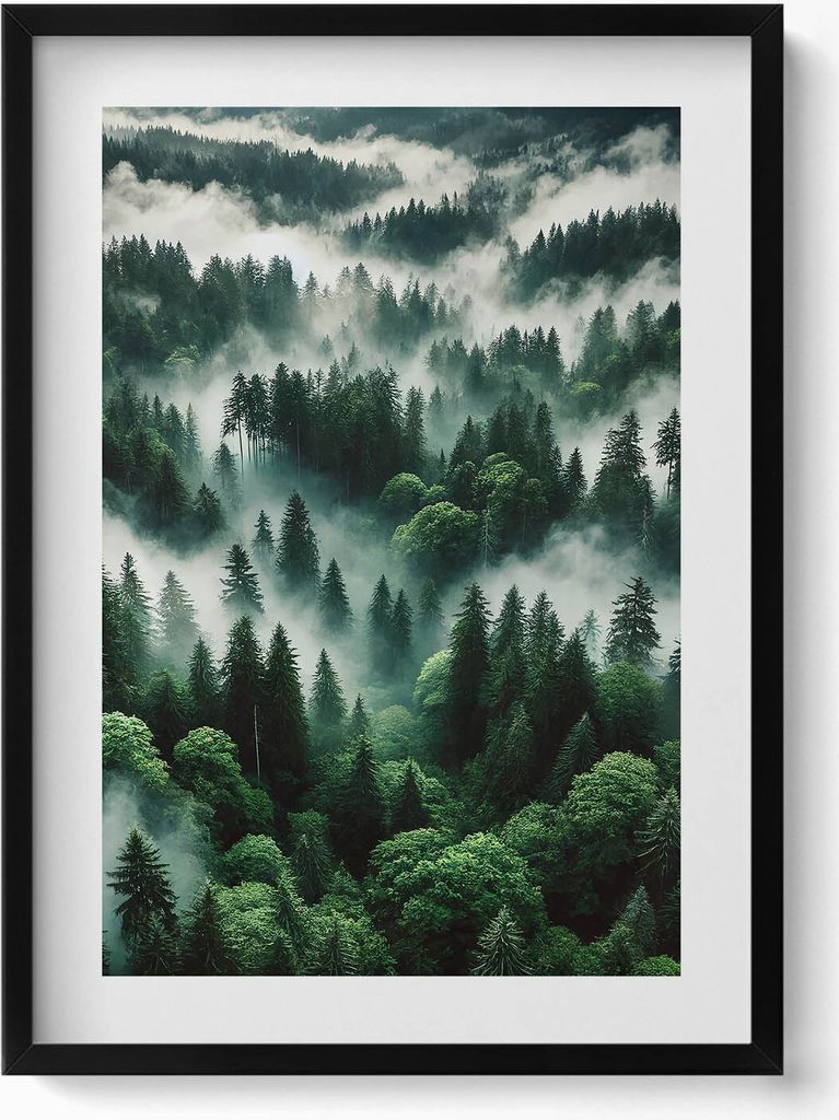 Landschaft mit Morgennebel im Wald– Wandbild mit Rahmen – Gerahmtes Bild – Wanddekoration – 50x70 cm – Schwarz Rahmen