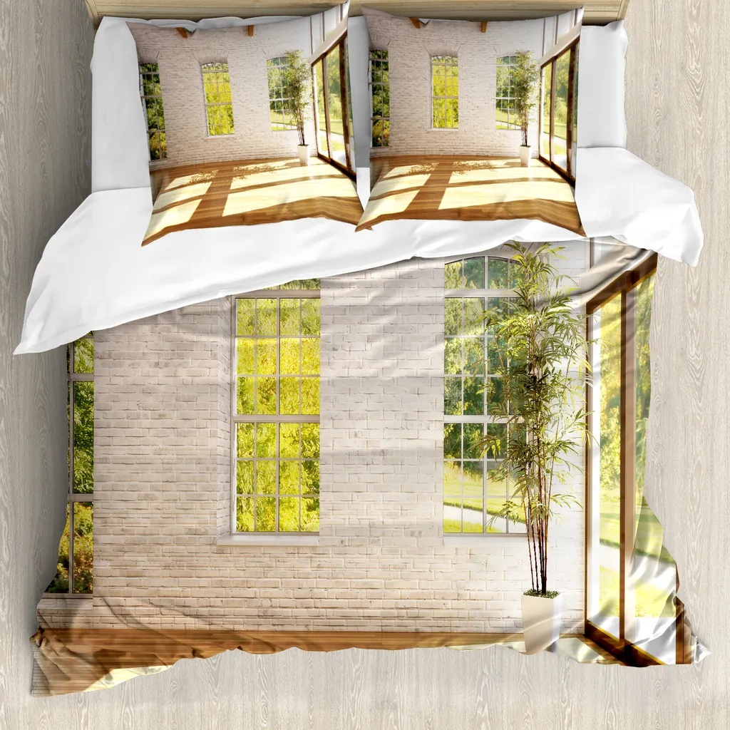 ABAKUHAUS Set copripiumino bianco per letti matrimoniali, estate, casa di città, giardino, antiacaro, adatto a chi soffre di allergie, con federe, color caramello chiaro, bianco e verde