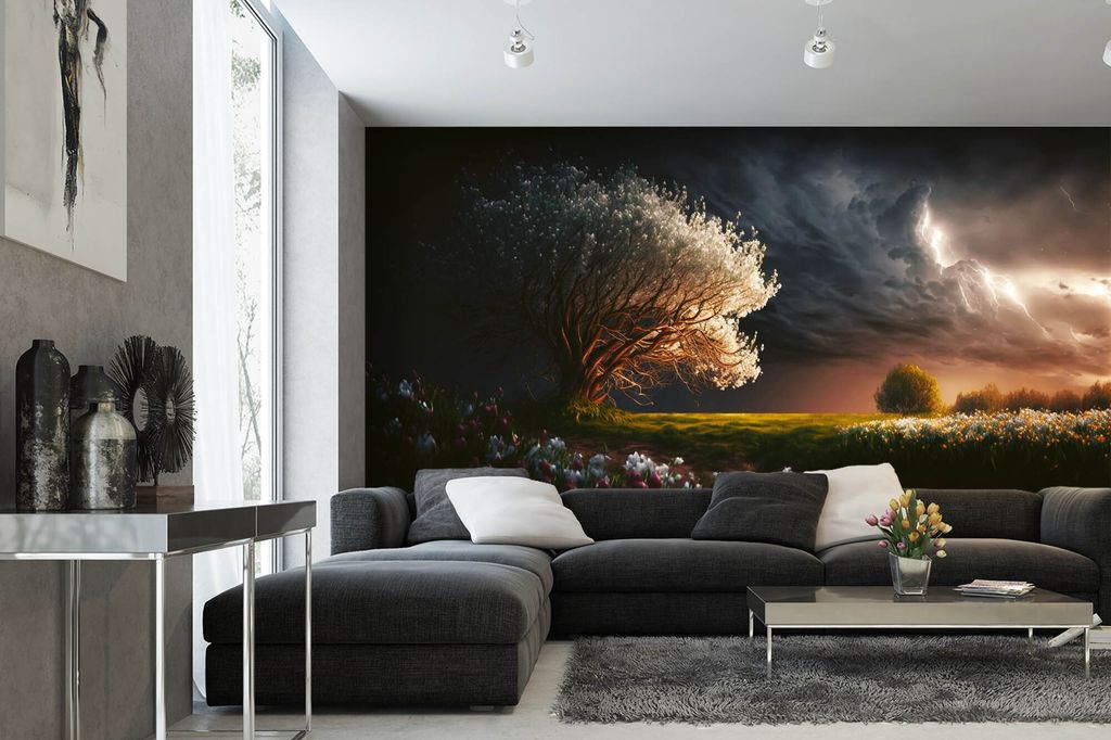 Vlies Fototapete Silberner Baum 375 x 250 cm (inkl. Kleister) - Künstliche Intelligenz