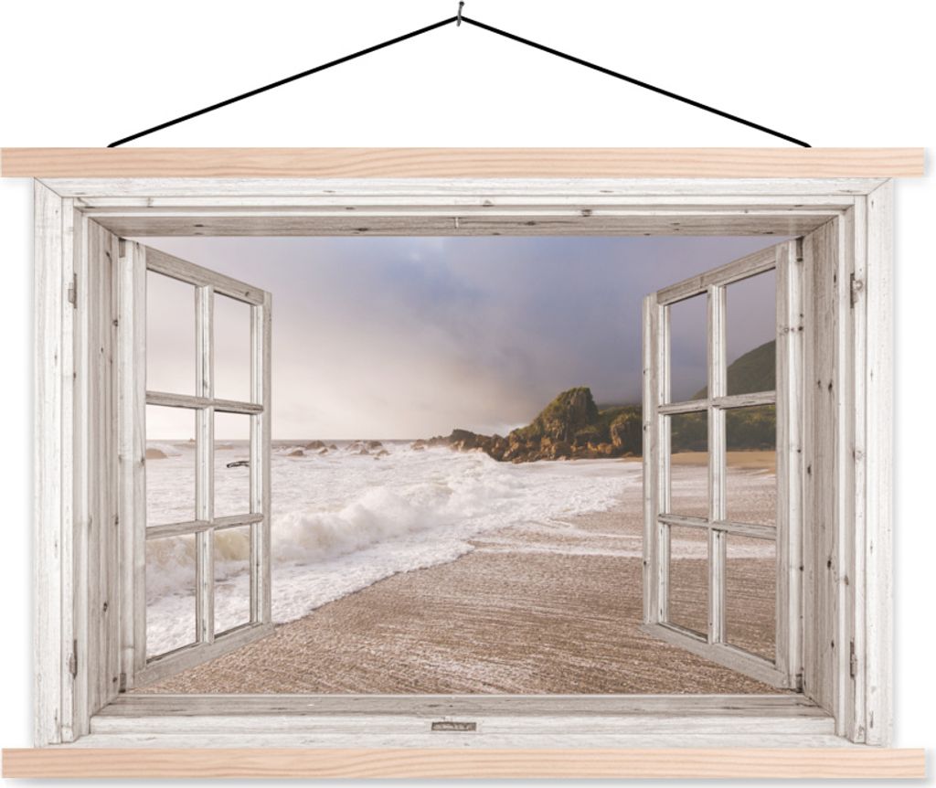 MuchoWow Textilposter Aussicht - Strand - Meer 120x80 cm mit holzfarbenen Rahmen - Aufhängeset