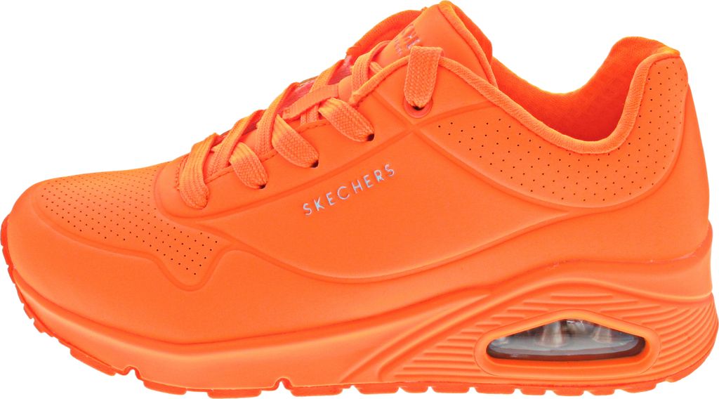 A side view of a neon orange Skechers Uno sneaker.