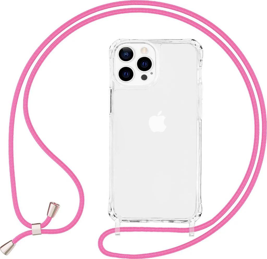 NALIA Clear Hybrid Case con catena per iPhone 13 Pro Max, trasparente antigiallo robusta custodia rigida con angoli rinforzati e telaio in silicone, custodia protettiva antiurto e cavo del telefono cellulare rosa - 1