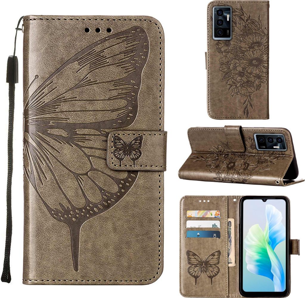 VIVO S10E 5G Hülle, Schmetterling Prägung Flip Leder Kartenfächer Schutzhülle Ledertasche mit Ständer für VIVO S10E 5G / V23E 4 5G / Y75 4G Grau