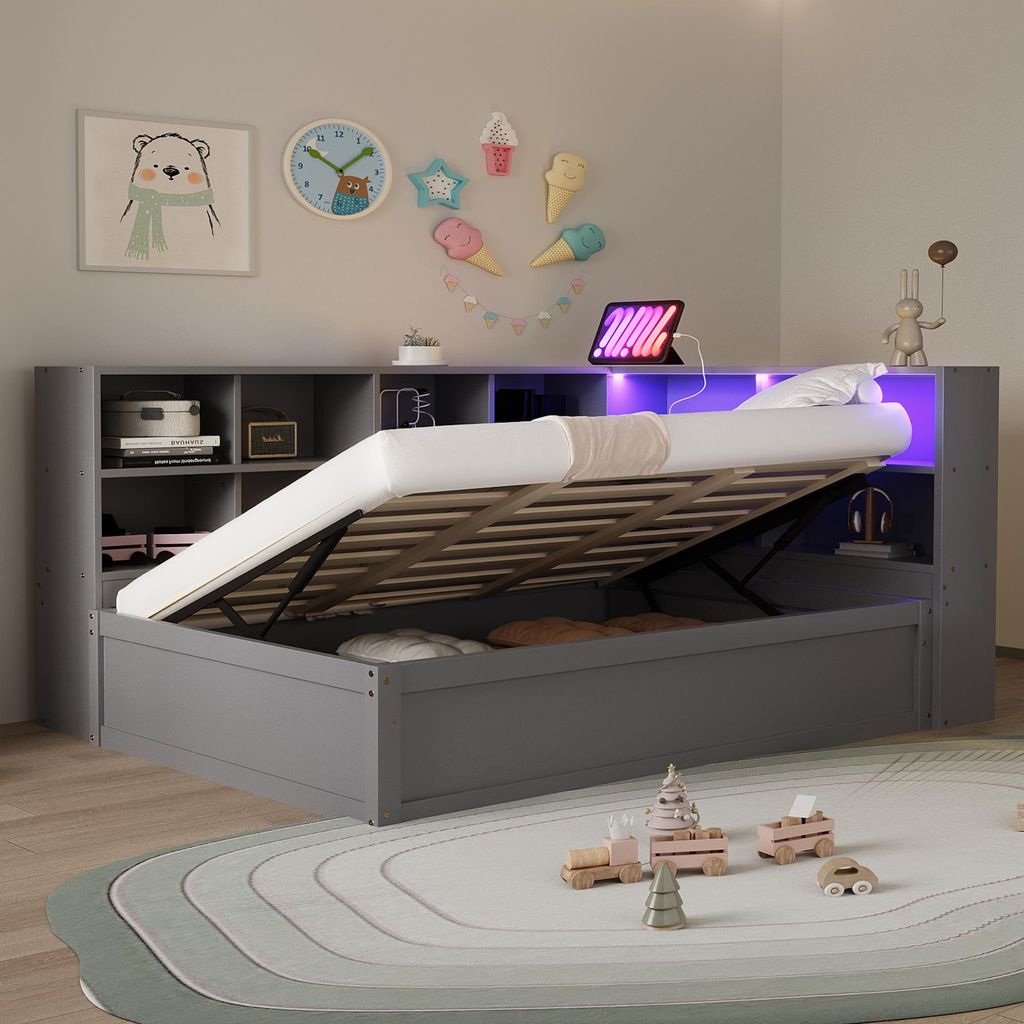 okwish Schlafsofa 90×200 mit steckdose und Staufächern,Daybett mit Lattenrost und LED-Lichtleiste,multifunktionales Holzbett,ohne Matratze,Grau