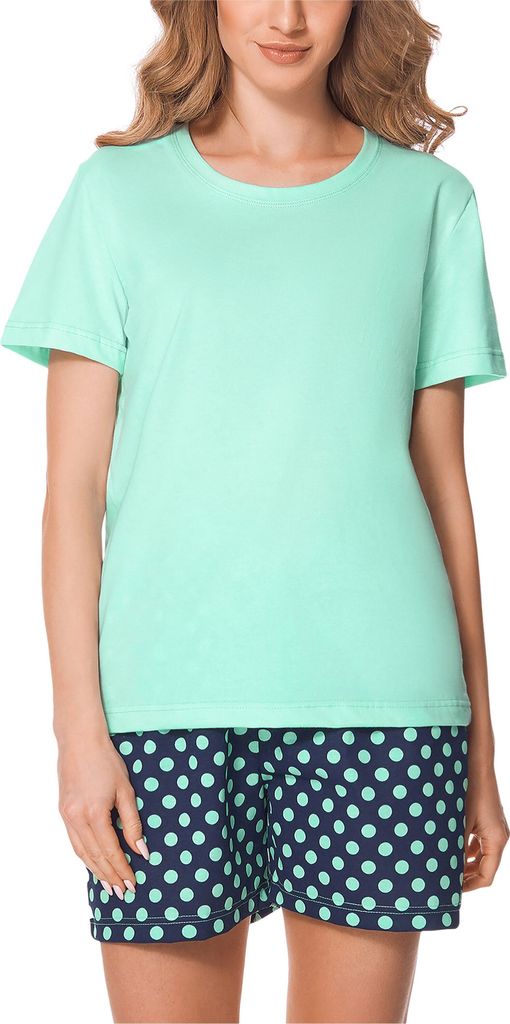 Merry Style Damen Schlafanzug Zweiteiler Pyjama Kurz aus Baumwolle Pyjama Set MS10-177 (Minze/Dunkelblau, S)