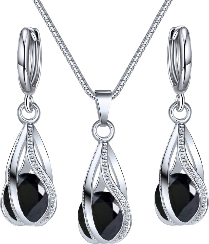 Silbernes Schmuckset mit Tropfenform für Damen, Zirkonia, Tropfenform, baumelnde Ohrringe und Halskette, Set für Hochzeit, Brautaccessoires