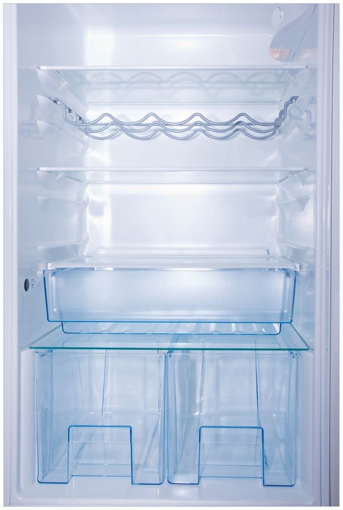 Wallario Premium Glasbild, freischwebende Optik, kräftige Farben, Größe 90 x 60 cm Motiv Leerer Kühlschrank - offene Leere ohne Inhalt