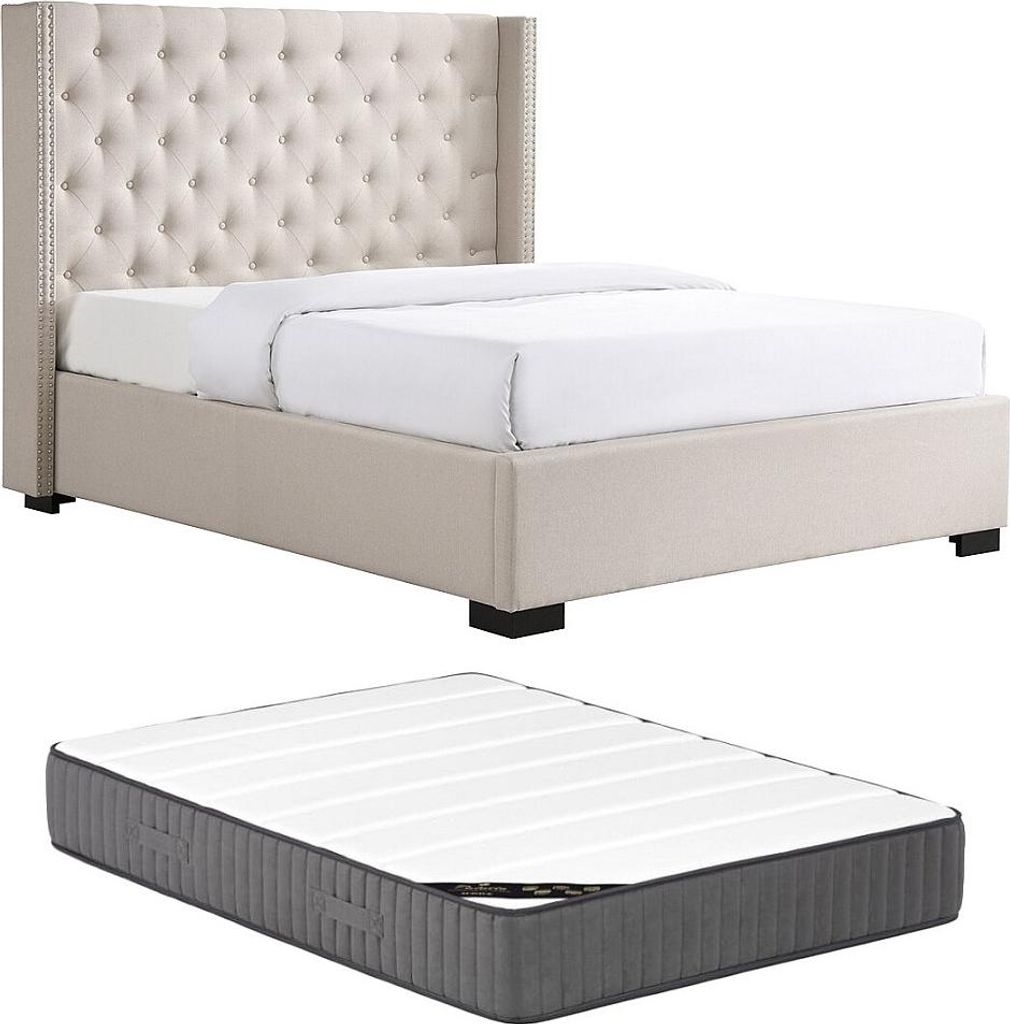 Bett 160 x 200 cm mit gepolstertem Kopfteil - Stoff Beige + Matratze - MASSIMO