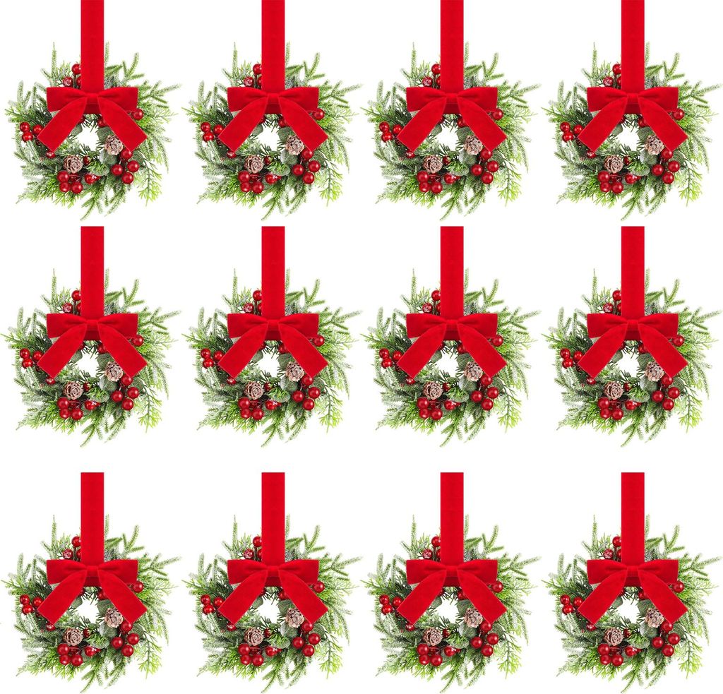 Weihnachtliche Mini-Schrankkränze, künstlicher Norfolk-Kiefernkranz mit Schleifen, roten Beeren und Tannenzapfen, kleiner Küchenkranz für Fenst...